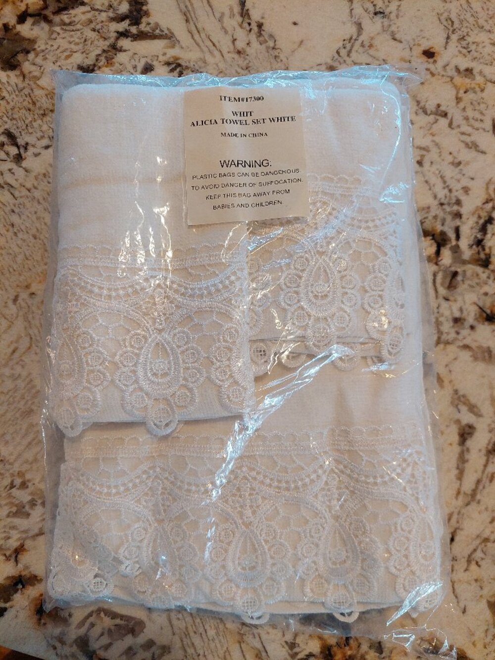 3 piece White Alicia Victorian lace trim Cotton Bath Towel Set